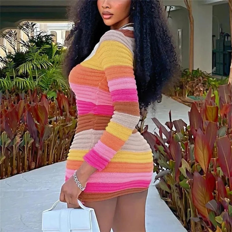 2024 New Spring Multi Color Striped Knitted Dress Long Sleeve Short Dress Stretch V Neck Button Casual Dress