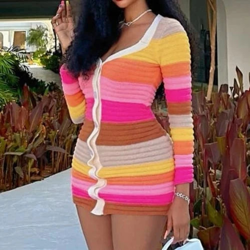 2024 New Spring Multi Color Striped Knitted Dress Long Sleeve Short Dress Stretch V Neck Button Casual Dress