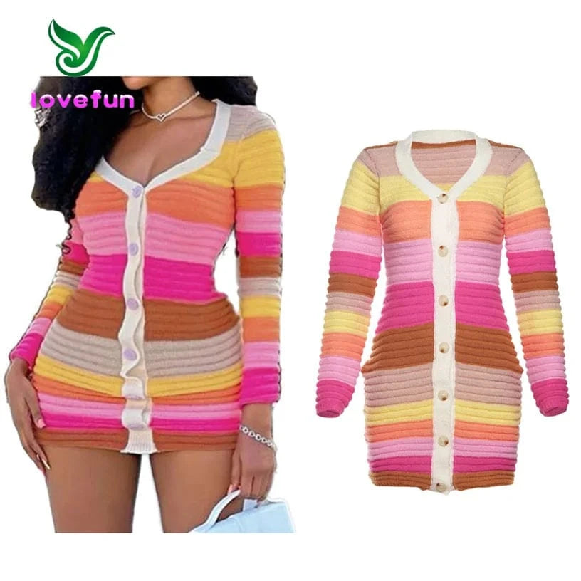2024 New Spring Multi Color Striped Knitted Dress Long Sleeve Short Dress Stretch V Neck Button Casual Dress