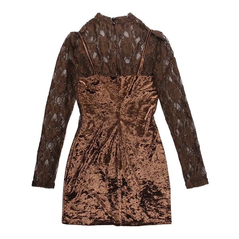 2024 New Spring Patchwork Velvet Tube Dress Women Long Sleeve Bodycon Dress Sexy Hollow Out Lace Dresses