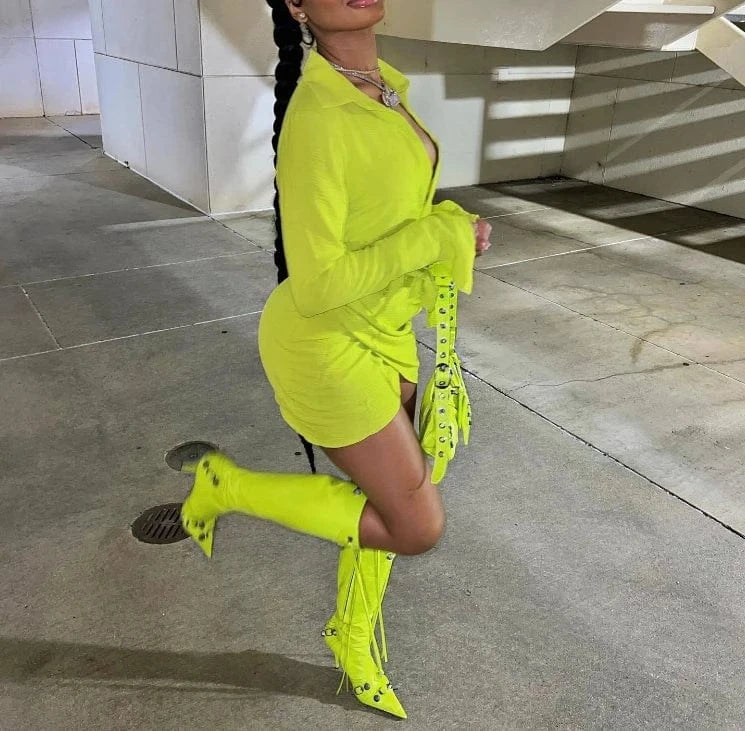 2024 New Spring Solid Color Long Sleeve Casual Dress Womens Sexy Deep Neck Dress Drawstring Wrinkle Shirt Dress