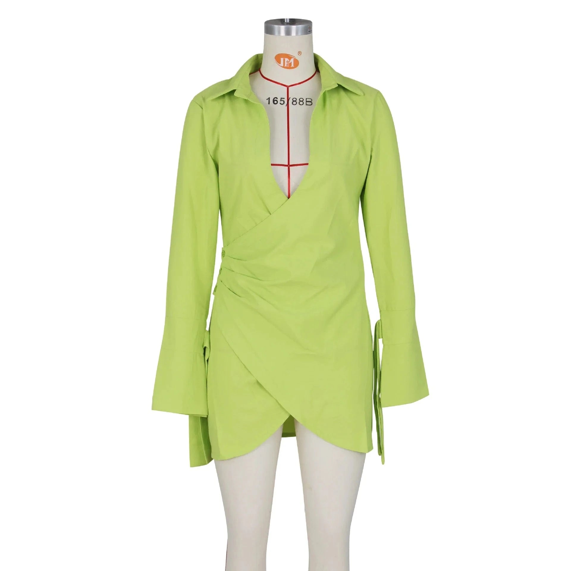 2024 New Spring Solid Color Long Sleeve Casual Dress Womens Sexy Deep Neck Dress Drawstring Wrinkle Shirt Dress