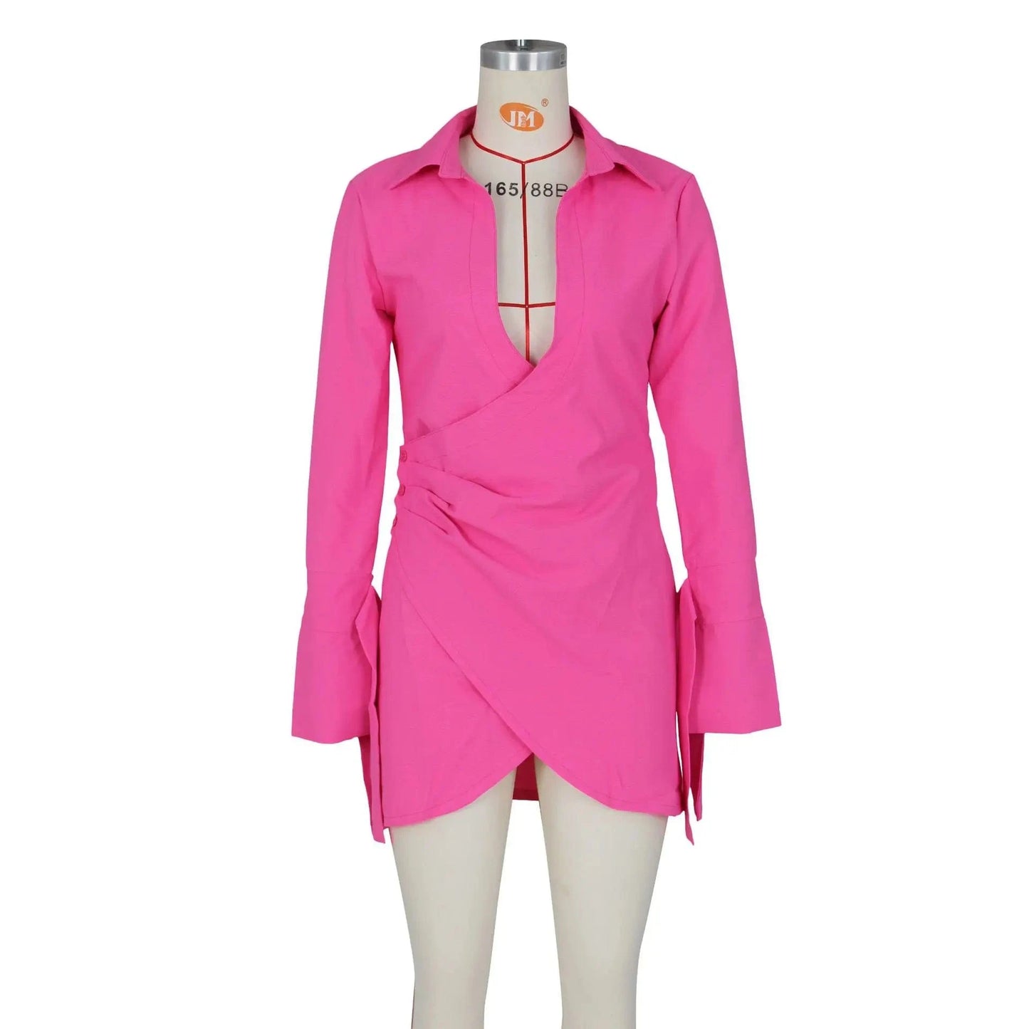 2024 New Spring Solid Color Long Sleeve Casual Dress Womens Sexy Deep Neck Dress Drawstring Wrinkle Shirt Dress