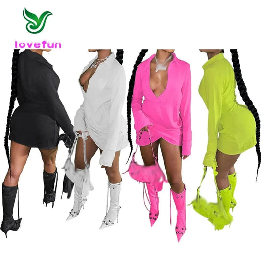 2024 New Spring Solid Color Long Sleeve Casual Dress Womens Sexy Deep Neck Dress Drawstring Wrinkle Shirt Dress
