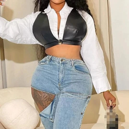 2024 New Spring Solid Color Turndown Collar Blouse Button Crop Top With Pu Bra Long Sleeve Crop Shirt For Ladies