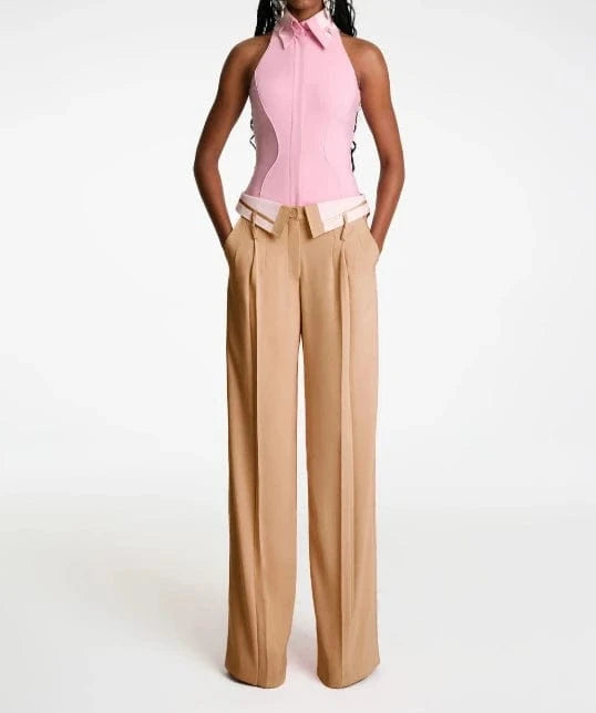 2024 New Spring Vintage Casual Trousers Turndown Collar Straight Pants Fashion Ladies Loose Wide Leg Pants