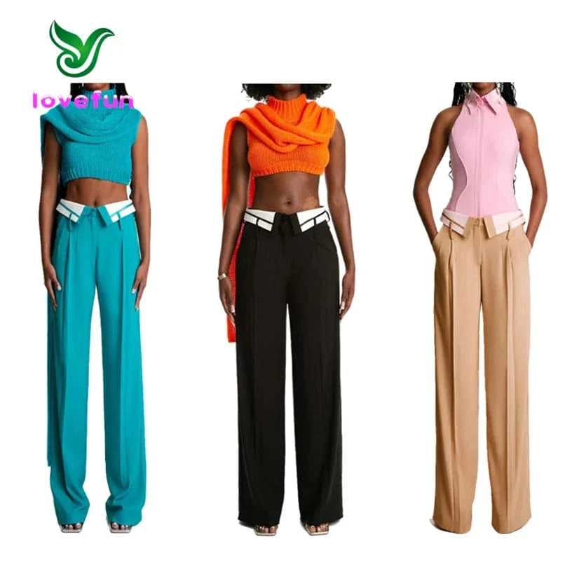 2024 New Spring Vintage Casual Trousers Turndown Collar Straight Pants Fashion Ladies Loose Wide Leg Pants