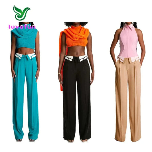 2024 New Spring Vintage Casual Trousers Turndown Collar Straight Pants Fashion Ladies Loose Wide Leg Pants
