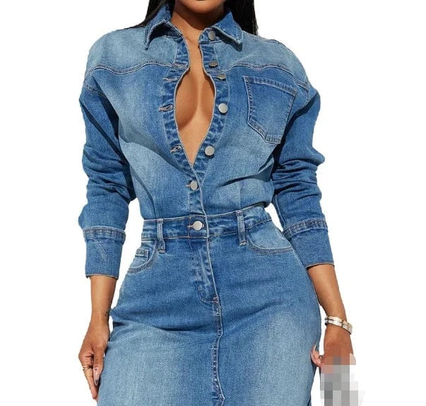 2024 New Spring Vintage Tight Waist Denim Dress Turndown Collar Button Dress Fashion Split Denim Long  Dresses