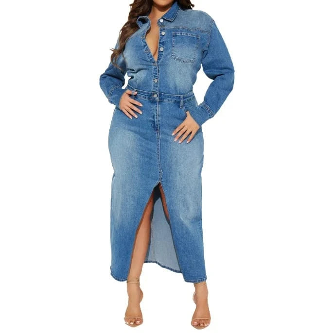 2024 New Spring Vintage Tight Waist Denim Dress Turndown Collar Button Dress Fashion Split Denim Long  Dresses