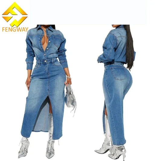 2024 New Spring Vintage Tight Waist Denim Dress Turndown Collar Button Dress Fashion Split Denim Long  Dresses