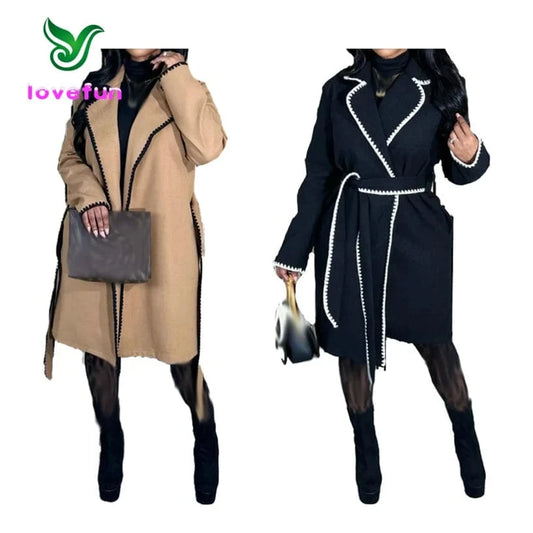 2024 New Spring Woven Lapel Long Coat Patchwork Casual Loose Windbreaker Fashion Ladies Belt Woolen Coat