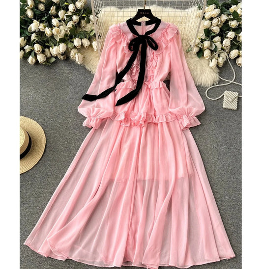 2024 New Standing Neck Lantern Sleeves With Ruffles And Cable Tied Elastic Waist Fold Dress