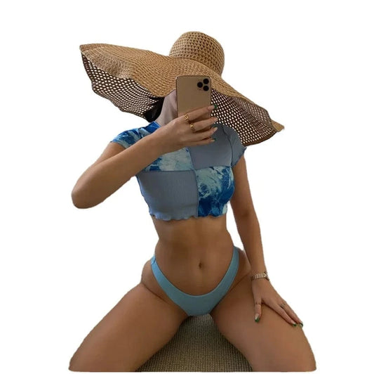 2024 new stitching short-sleeved swimsuit blue stitching bikini swimsuit 2-piece O neck crop top high waist swimming trunks