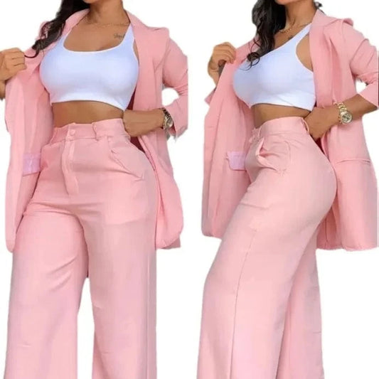 2024 New Style Of European And American Womens Elegant Solid Color Open Sleeve Lapel Suit Bag Straight Trouser Suit