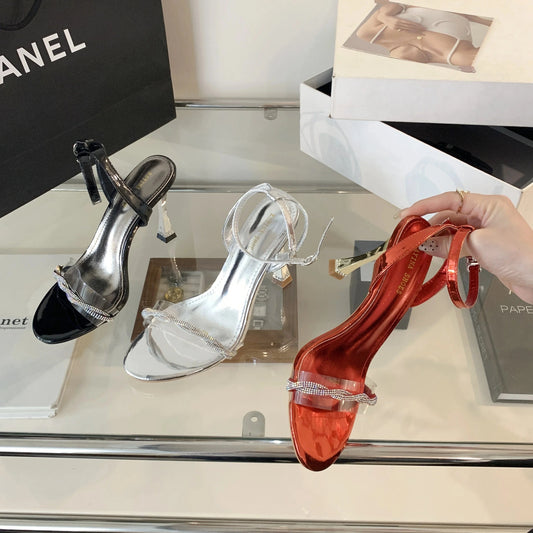 2024 new summer open toe with light luxury fashion rhinestone high heels thin heel black all-match sandals for women