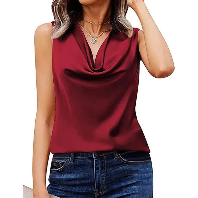 2024 New Summer Satin Crew Neck Vest Casual Halters Sleeveless Shirt  Solid Color Loose Women shirt