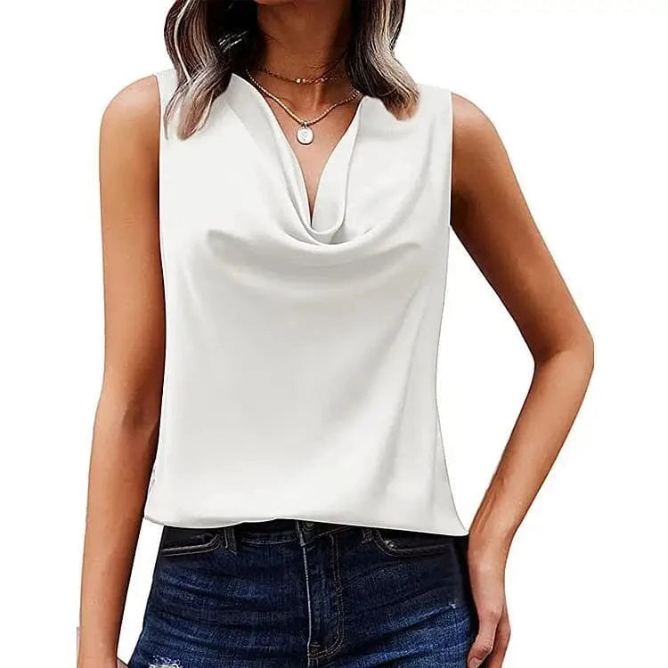 2024 New Summer Satin Crew Neck Vest Casual Halters Sleeveless Shirt  Solid Color Loose Women shirt
