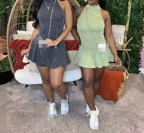 2024 New Summer Solid Color Ribbed Slim Fit Dress High Neck Sleeveless Dress Women Ruffles Pleated Dresses