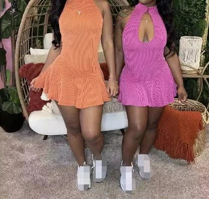 2024 New Summer Solid Color Ribbed Slim Fit Dress High Neck Sleeveless Dress Women Ruffles Pleated Dresses