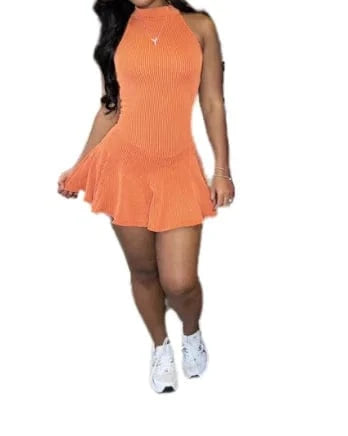 2024 New Summer Solid Color Ribbed Slim Fit Dress High Neck Sleeveless Dress Women Ruffles Pleated Dresses