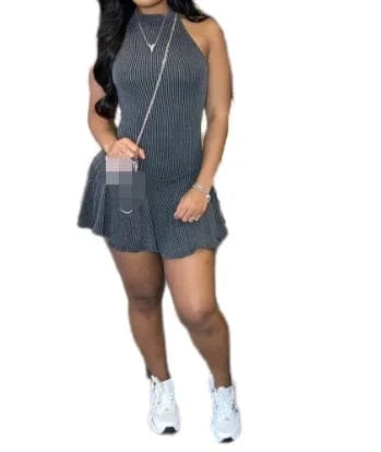 2024 New Summer Solid Color Ribbed Slim Fit Dress High Neck Sleeveless Dress Women Ruffles Pleated Dresses