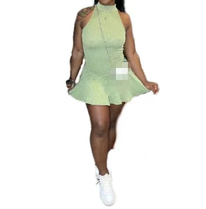 2024 New Summer Solid Color Ribbed Slim Fit Dress High Neck Sleeveless Dress Women Ruffles Pleated Dresses