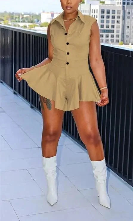 2024 New Summer Women Sleeveless Casual Jumpsuit Solid Turn Down Neck Buttons Pleated One Piece Shorts Jumpsuits For Women