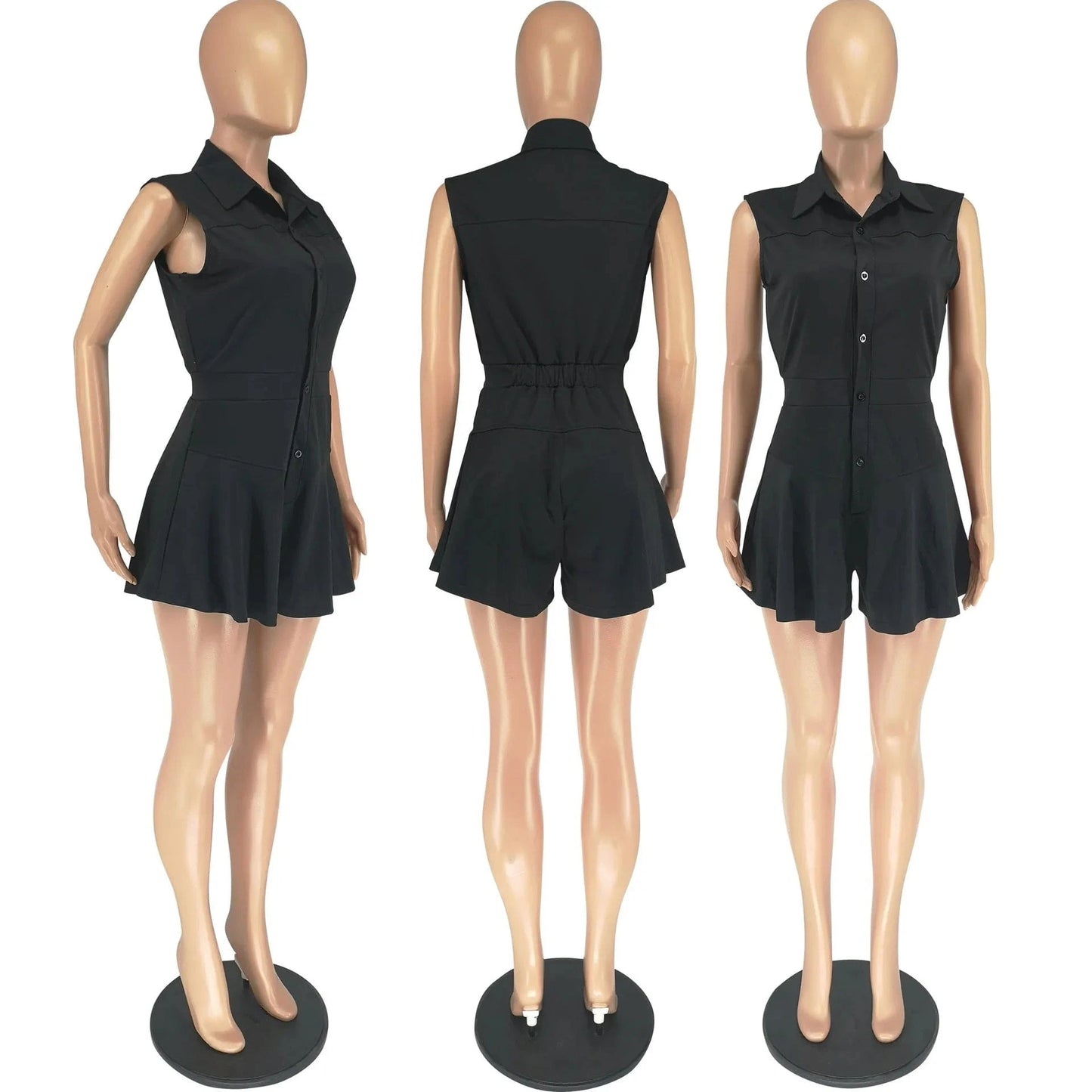 2024 New Summer Women Sleeveless Casual Jumpsuit Solid Turn Down Neck Buttons Pleated One Piece Shorts Jumpsuits For Women