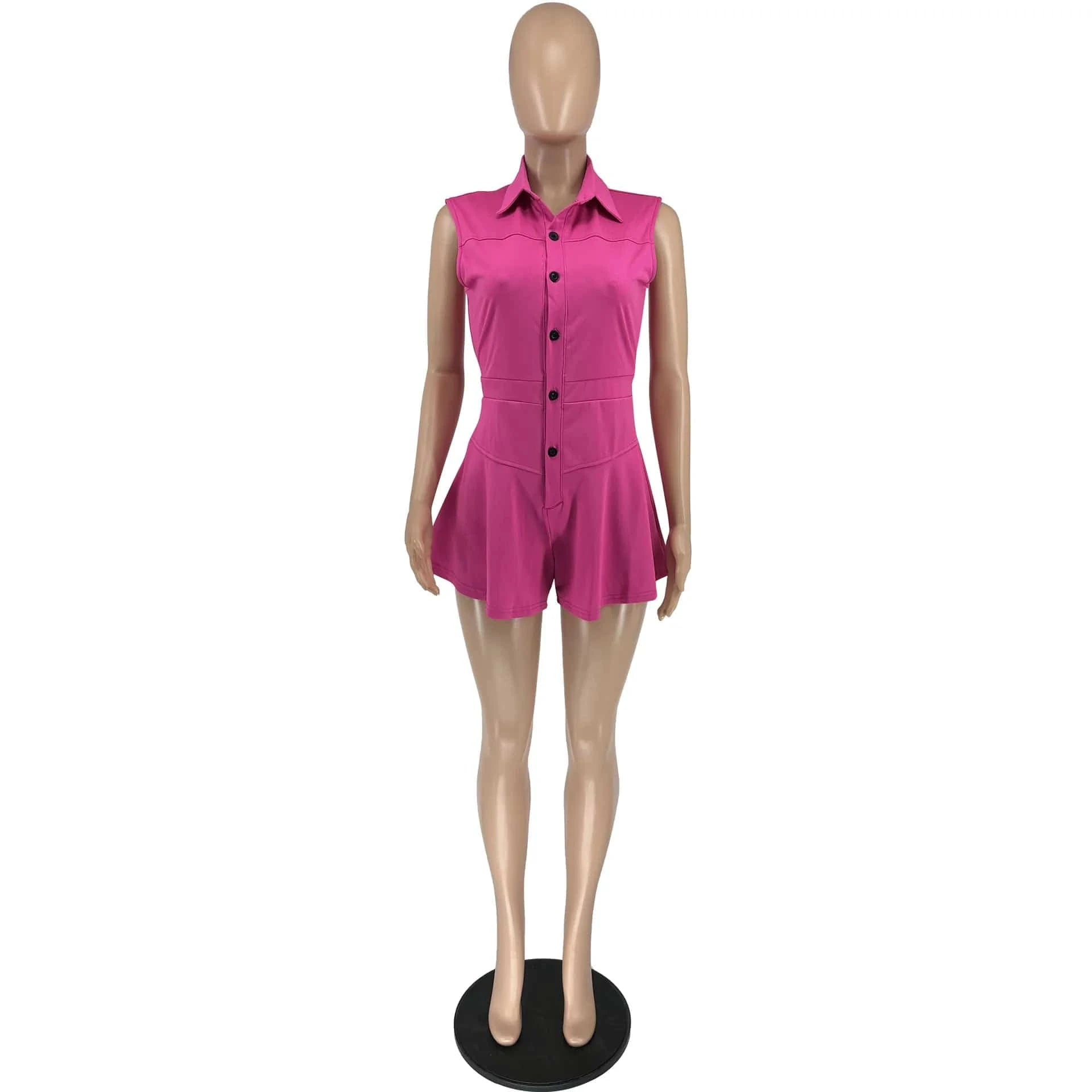 2024 New Summer Women Sleeveless Casual Jumpsuit Solid Turn Down Neck Buttons Pleated One Piece Shorts Jumpsuits For Women