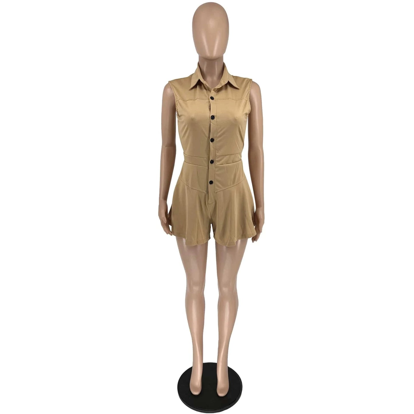 2024 New Summer Women Sleeveless Casual Jumpsuit Solid Turn Down Neck Buttons Pleated One Piece Shorts Jumpsuits For Women