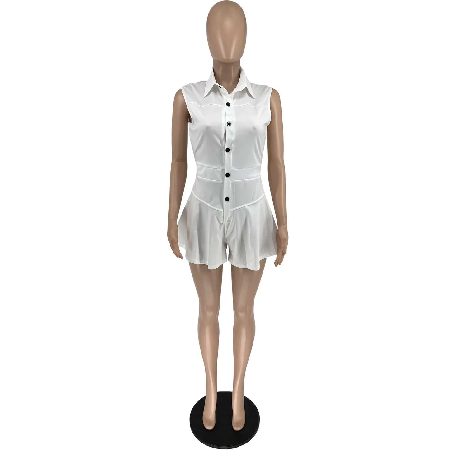 2024 New Summer Women Sleeveless Casual Jumpsuit Solid Turn Down Neck Buttons Pleated One Piece Shorts Jumpsuits For Women