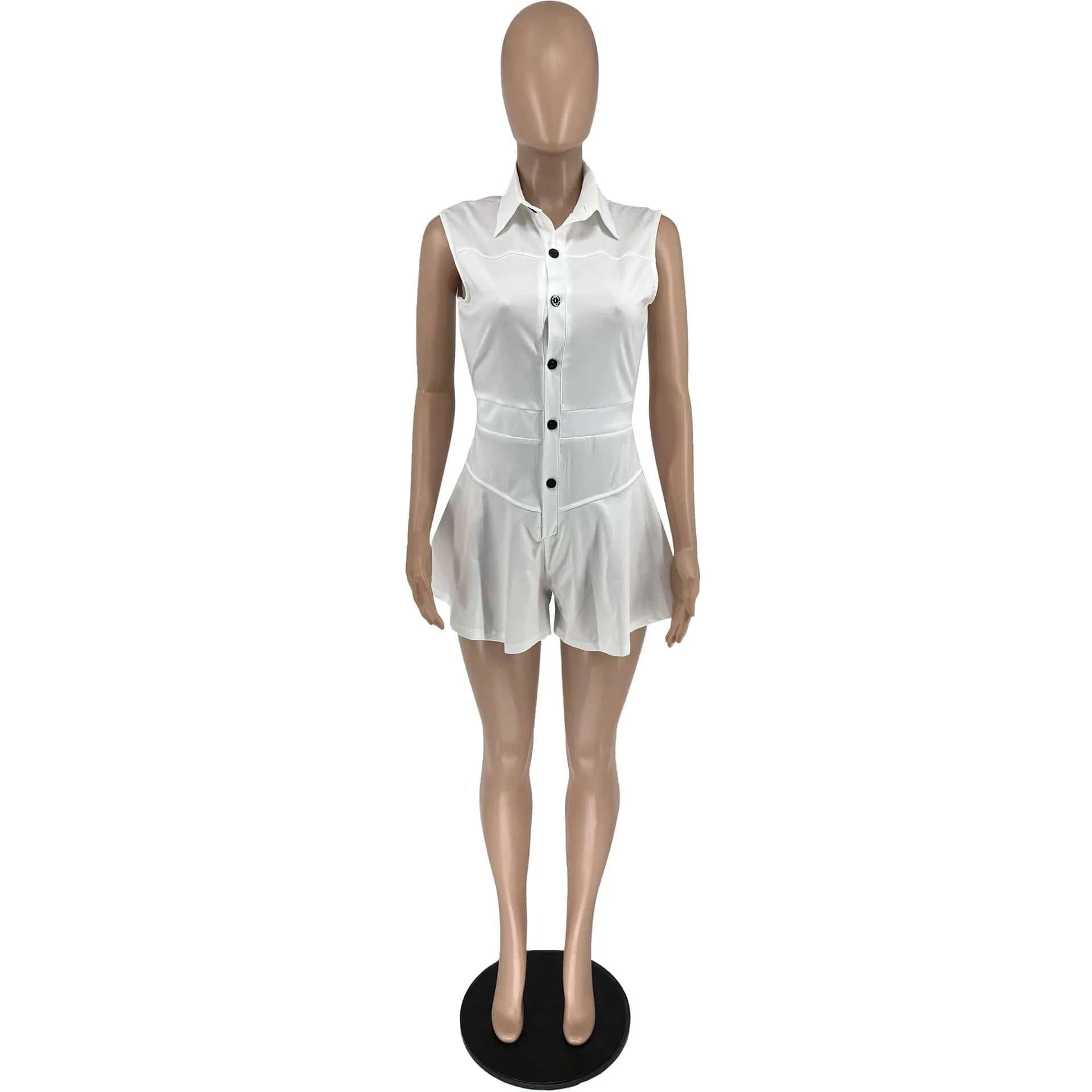 2024 New Summer Women Sleeveless Casual Jumpsuit Solid Turn Down Neck Buttons Pleated One Piece Shorts Jumpsuits For Women