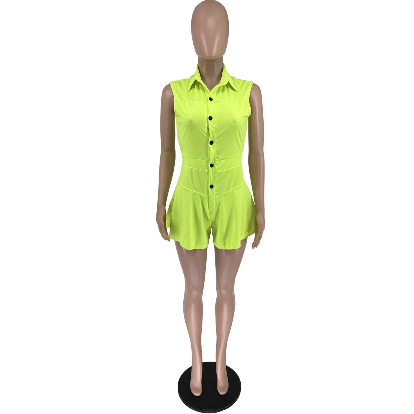 2024 New Summer Women Sleeveless Casual Jumpsuit Solid Turn Down Neck Buttons Pleated One Piece Shorts Jumpsuits For Women