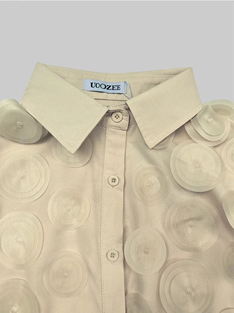 2024 New T-shirt for Women Hollowed Long Sleeves Appliqued Lapel Shirt Urban Female Stylish Loose Fit Buttoned Blouses