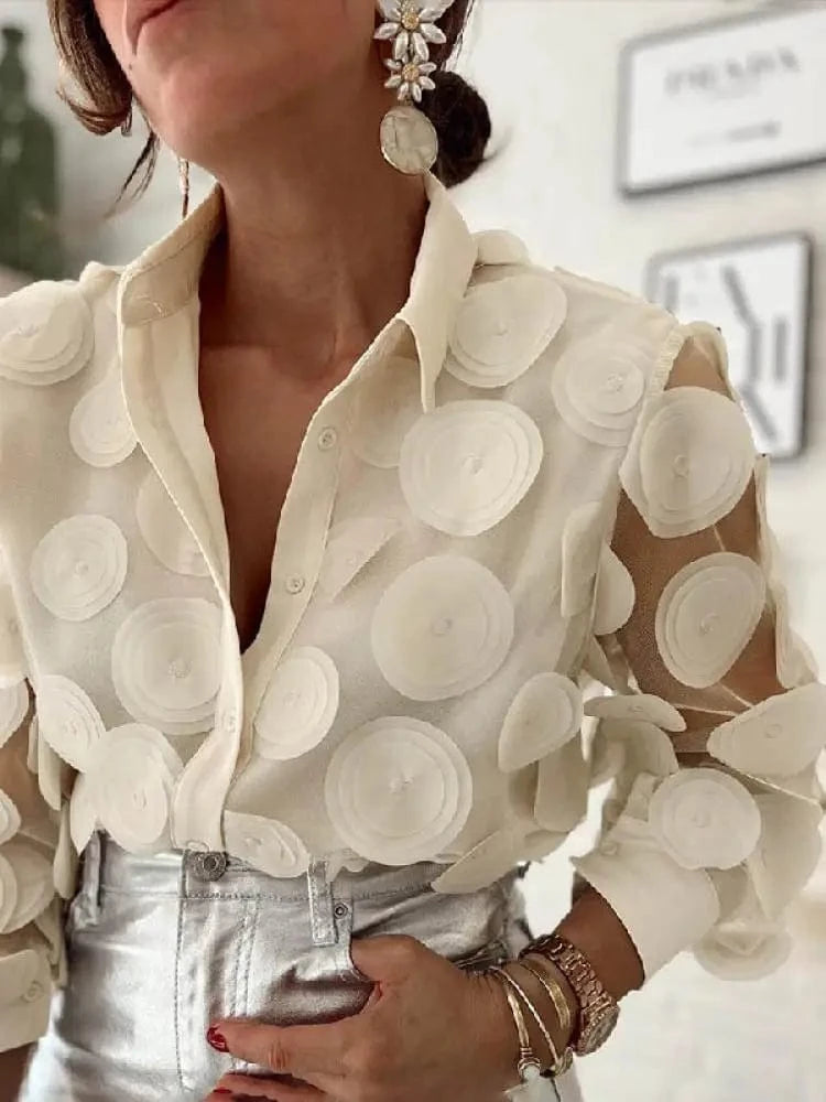 2024 New T-shirt for Women Hollowed Long Sleeves Appliqued Lapel Shirt Urban Female Stylish Loose Fit Buttoned Blouses