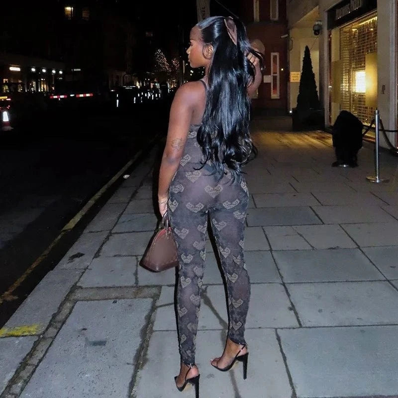 2024 New Trendy Mesh Sexy Jumpsuit Cute Heart Shape Printed Sleeveless Bodycon Rompers for Women