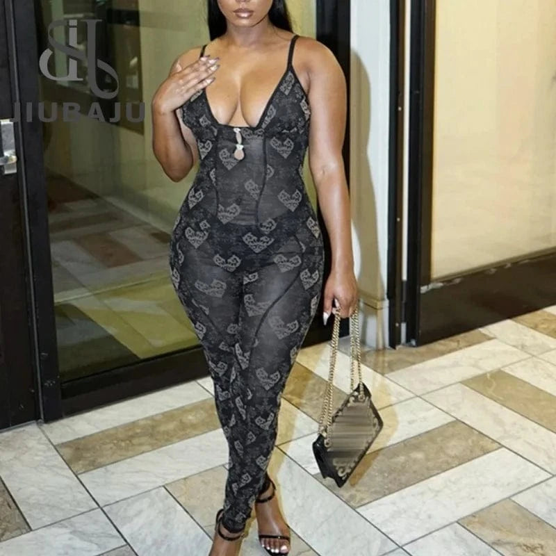2024 New Trendy Mesh Sexy Jumpsuit Cute Heart Shape Printed Sleeveless Bodycon Rompers for Women