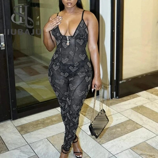 2024 New Trendy Mesh Sexy Jumpsuit Cute Heart Shape Printed Sleeveless Bodycon Rompers for Women