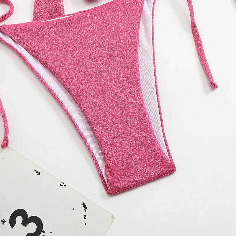 2024 New Two Piece Tie Side Swimwear Sequin Competition Bikini Shiny Posing Bikinis Ruffles Micro Summer Women Solid Swimsuit