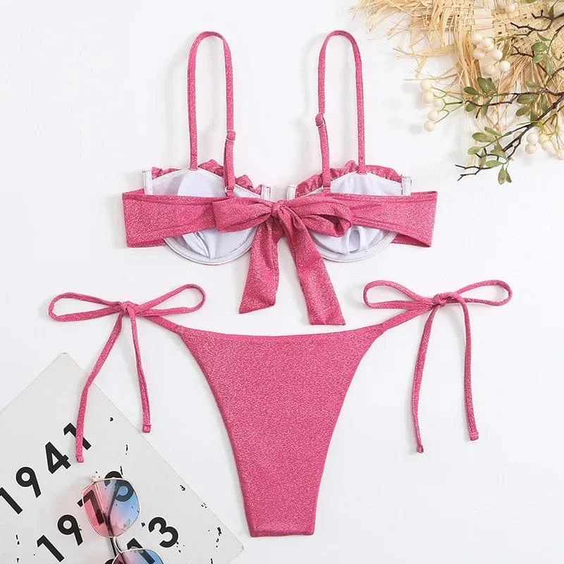 2024 New Two Piece Tie Side Swimwear Sequin Competition Bikini Shiny Posing Bikinis Ruffles Micro Summer Women Solid Swimsuit