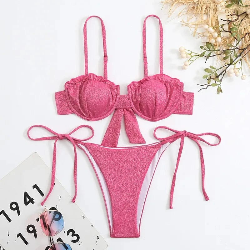 2024 New Two Piece Tie Side Swimwear Sequin Competition Bikini Shiny Posing Bikinis Ruffles Micro Summer Women Solid Swimsuit