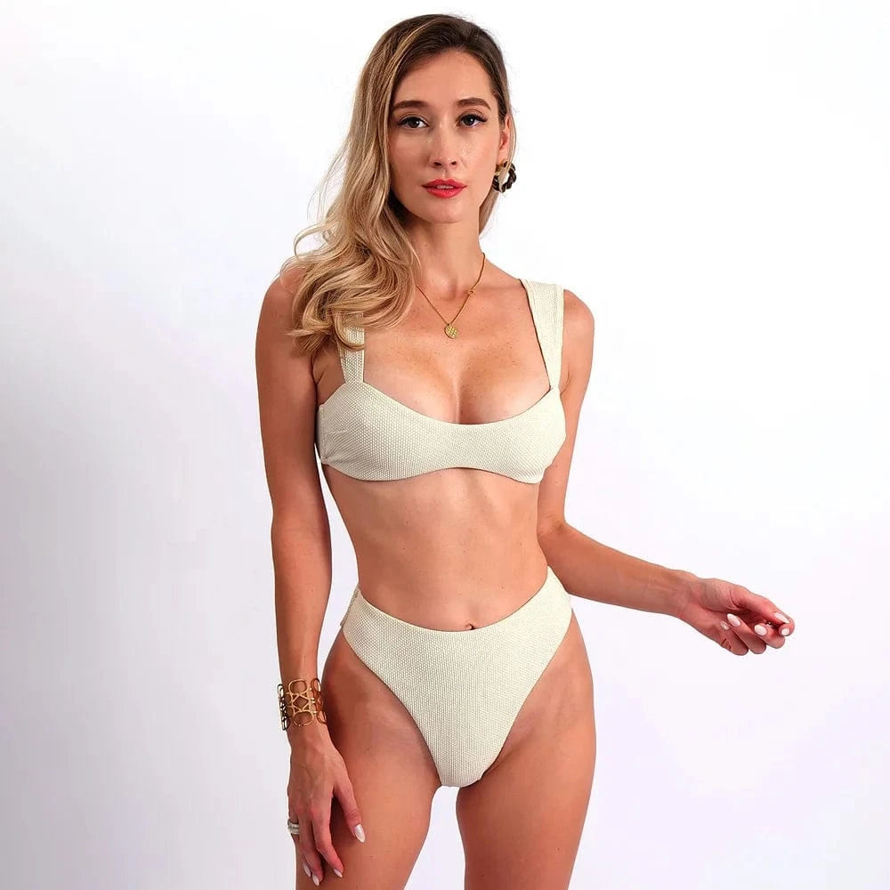 2024 new Wide shoulder straps Bikini Solid Color Swim Swimsuit Beachwear High Waist Swimwear