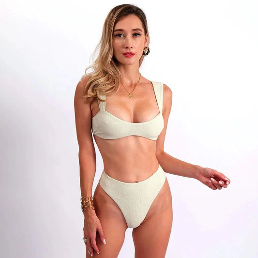 2024 new Wide shoulder straps Bikini Solid Color Swim Swimsuit Beachwear High Waist Swimwear