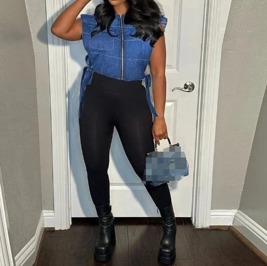 2024 New Winter Fashion Wash Denim Short Vest Cotton-Padded Waistcoat Womens Sleeveless Hooded Cargo Vest