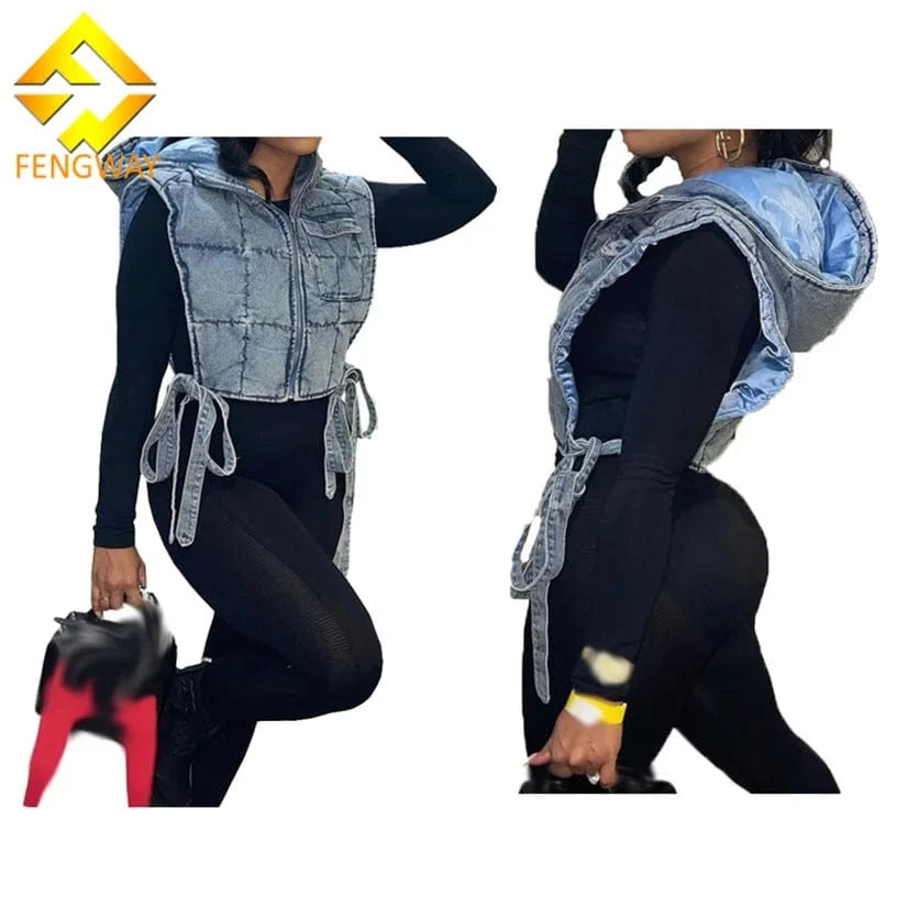 2024 New Winter Fashion Wash Denim Short Vest Cotton-Padded Waistcoat Womens Sleeveless Hooded Cargo Vest