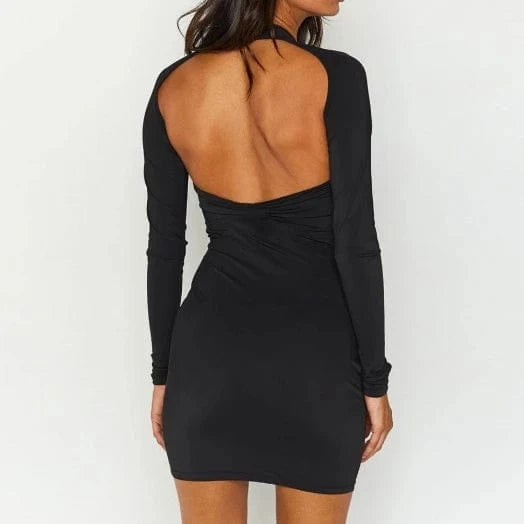 2024 New Winter Hollow Out Mini Dress Women Long Sleeve Halter Dress Sexy Backless Bodycon Dresses