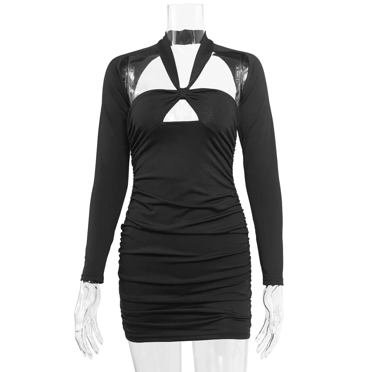 2024 New Winter Hollow Out Mini Dress Women Long Sleeve Halter Dress Sexy Backless Bodycon Dresses