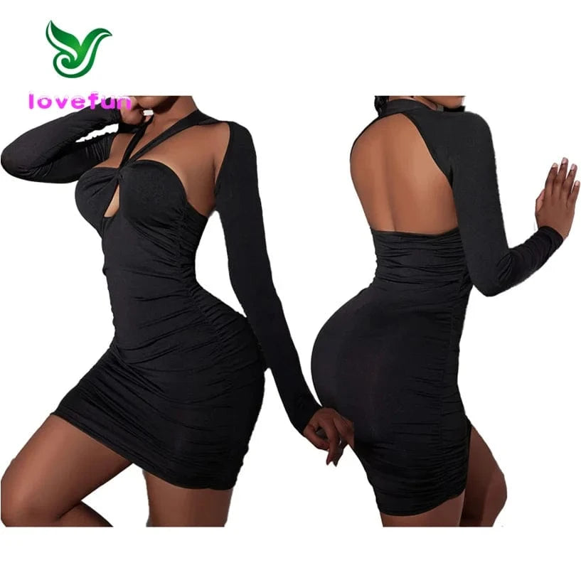 2024 New Winter Hollow Out Mini Dress Women Long Sleeve Halter Dress Sexy Backless Bodycon Dresses