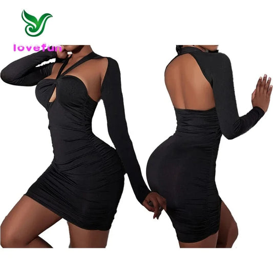 2024 New Winter Hollow Out Mini Dress Women Long Sleeve Halter Dress Sexy Backless Bodycon Dresses